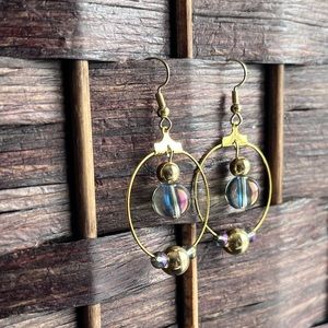 Small Gold and Iridescent Bead Hoop Earrings
